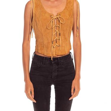 1980S Tan Suede Front Lace Up Corset Style Top 