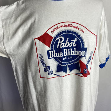 PBR Tee shirt~ 100% cotton graphic ringer t~ PNW hipster~ pabst blue ribbon logo t-shirt mens XLG / unisex 