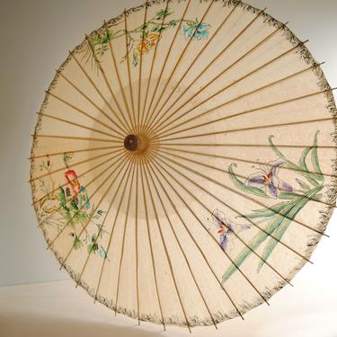 Vintage Paper Parasol, Chinese Parasol with Wood Handle 