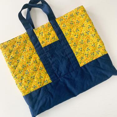 Vintage 1970s Yellow Calico Quilted Patchwork Tote Bag 