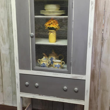 Vintage China Cabinet Painted Gray and White with Lace Backing 
