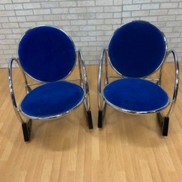 Vintage Cobalt Blue Faux Velvet Rocking Chairs- Pair