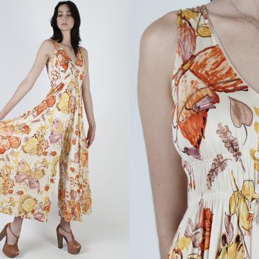 Wide Leg Palazzo Pants / 70s Mod Palazzo Jumpsuit / Butterfly Print Lounge Bellbottom Pants / Floral Pull On One Piece Playsuit 