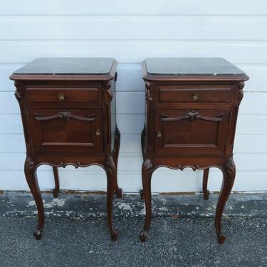 French Marble Top Pair of Nightstands Side End Tables with Pullout Tray 1907