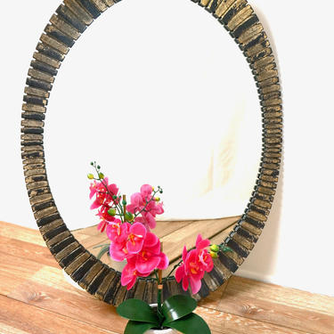 70s Vintage OVAL Brutal Style Antiqued Gold Wall Mirror / Mid Century Modern / Hollywood Regency 1970s 