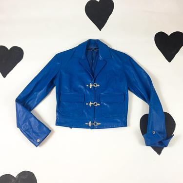 90s Ralph Lauren Sport Blue Leather Cropped Jacket / Silver Latch Hooks / Clueless / Buttery / Small / y2k / Cyber / Hardware / Party Girl / 