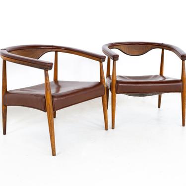 Mid Century Barrel Back Leather Lounge Chairs - A Pair - mcm 