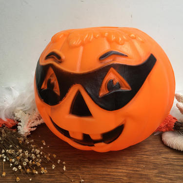 Vintage Blow Mold Light Up Pumpkin With Mask, Jack O Lantern With Light Wearing Black Mask, Halloween Decor 