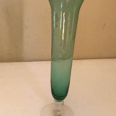 Vintage Etched Floral Green Glass  Bud Vases with clear spiral pedestal- 8&amp;quot; 