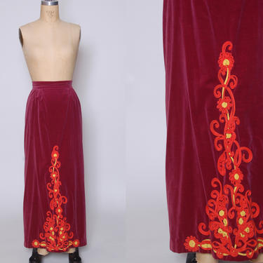 Vintage 70s burgundy velvet maxi skirt / orange soutache ribbon / boho pencil skirt / velvet hippie skirt 