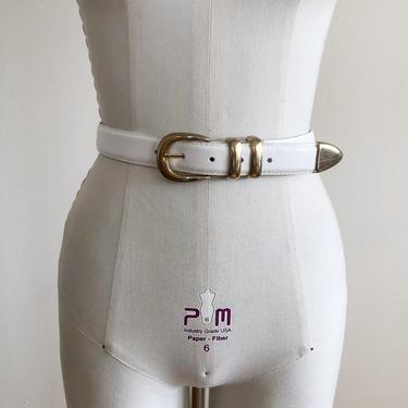 White Leather Belt with Gold-Toned Hardware - 1990s 