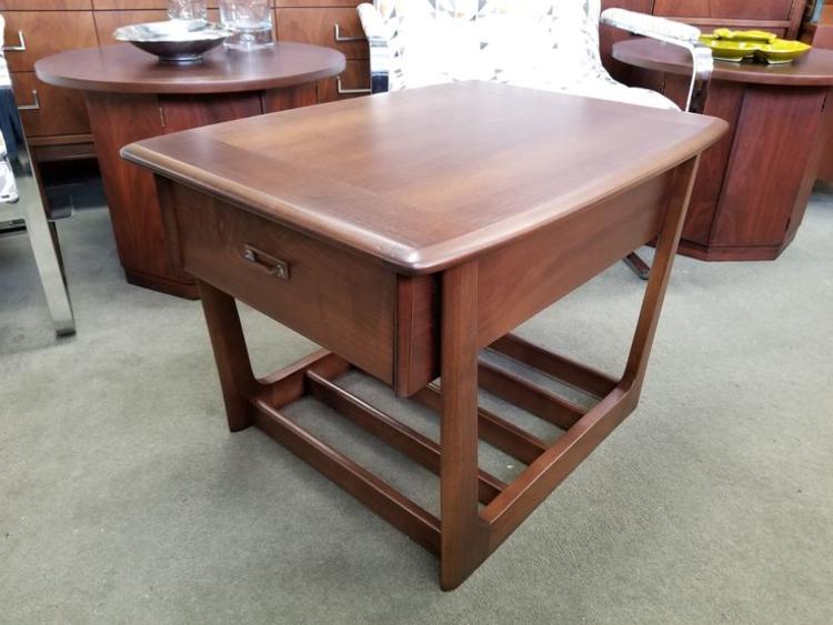 Mid-Century Modern walnut side table with upper drawer