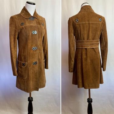 60’s 70’s leather jacket Brown suede Retro boho Hippie fitted coat belted waist Summer of Love vibes size S/M 