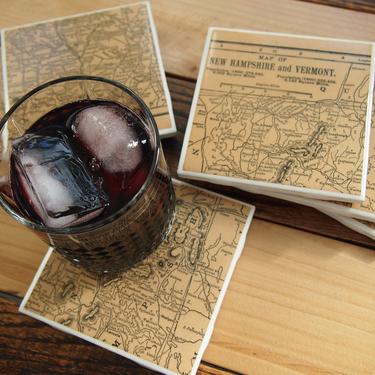 1890s Vermont and New Hampshire Handmade Vintage Map Coasters - Ceramic Tile Set of 6 - Repurposed 1890s Atlas - One of a Kind Coasters 