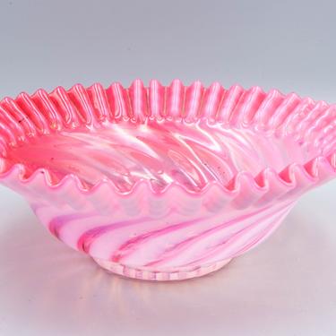 Cranberry Glass Swirl Bowl | Antique Victorian Glassware | Milk Glass Overlay | Candy Ribbon Edge CRE 