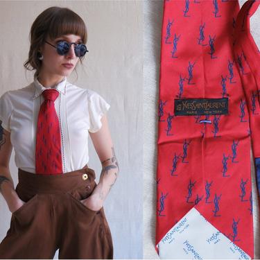 Vintage 70s Yves Saint Laurent Necktie/ 1970s Red and Navy Blue Silk YSL Mens Tie 