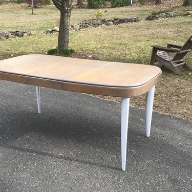 Heywood Wakefield small dining table 1 leaf, restored in driftwood gray with white legs for beach house 