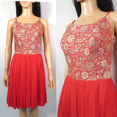Vintage 60s Red And Gold Brocade Chiffon Skirt Holiday Party Dress Size XS 