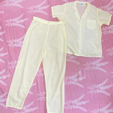 Vintage 1950s Pajamas 50s Yellow Cotton PJs w Lace Trim 