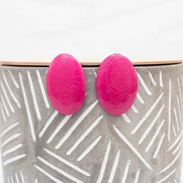 Vintage 1980s Oval Metal Earrings - Hot Pink Paisley Floral Large Drop Earrings 