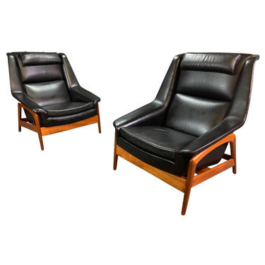 Pair of Vintage Scandinavian Mid Century Modern &amp;quot;Profile&amp;quot; Recliners-Lounge Chairs in Teak and Leather by Folke Ohlsson for Dux of Sweden 