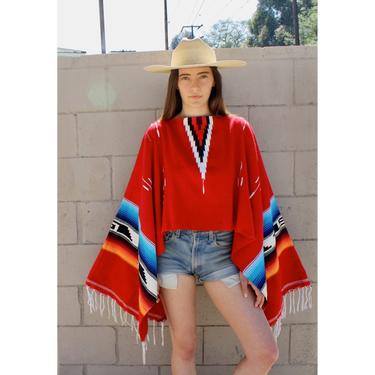 Oaxacan Serape Poncho // vintage dress boho Mexican blanket rainbow hippie blouse top 70s cotton jacket sweater // O/S 