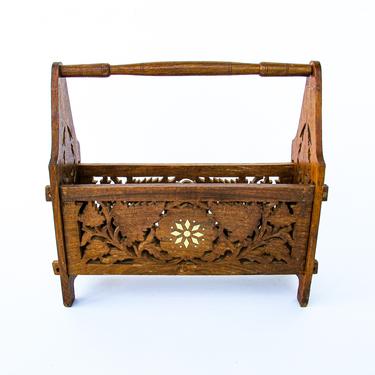Beautiful One-of-a-Kind Hand Carved Teak Magazine Rack with White Shell Inlay Design 