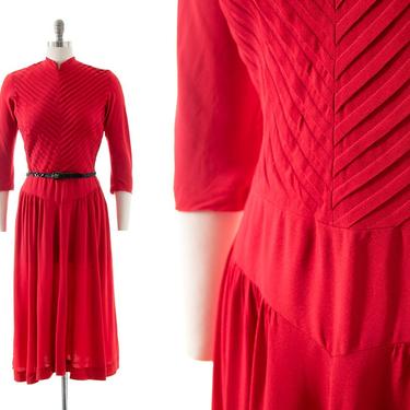Vintage 1940s Dress | 40s Red Rayon Pleated Fit and Flare Full Skirt Holiday Evening Cocktail Formal Dress (medium) 