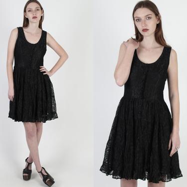 90s Black Lace Grunge Dress, Sheer 1990s Gothic Dress, Vintage Button Up Gypsy Style, Plain Babydoll Mini 