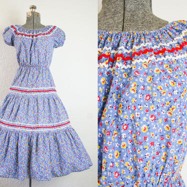 1940's Blue Calico Print Patio Sun Dress / Size Small Medium 