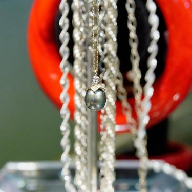 Vintage 14K Gold Tahitian Pearl Accent Diamond Teardrop Pendant Necklace, Delicate Gold Necklace With Black Pearl & Diamond Pendant, 18&quot; L 