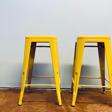 Set of 2 Yellow Metal Bar Stools | Painted Metal Bar Stools | Yellow Kitchen Stool | Desk Stool | Island Stool | Sunshine Yellow | Mustard 