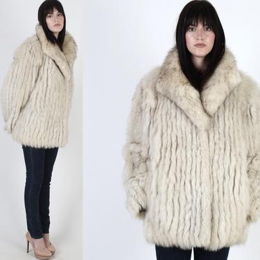 Vintage 80s SAGA Fox Fur Pockets Coat / 1980s Large Fur Shawl Collar Real Fur / Arctic Ivory Corded Plush Ski Jacket 