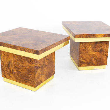 Mid Century Brass and Burlwood Side End Tables - A Pair - mcm 