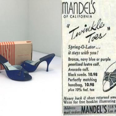 Work Outs By the Pool - Vintage 1950s Royal Blue Nubuck Leather Springolators Heels Sandals Shoes - 7 1/2 B 