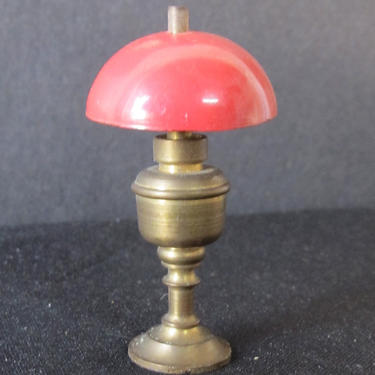 Miniature Antique Brass Oil Lamp with Metal Shade 