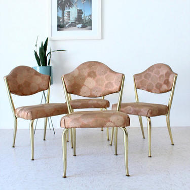 Vintage Set of 4 Pink &amp; Brass Chairs with Original Chrysanthemums Fabric