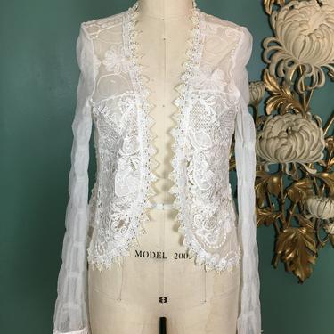 1990s lace top, Alberto makali, vintage blouse, ivory net, crochet top, bell sleeves, size medium, sheer jacket, 34 36 bust, casual wedding 