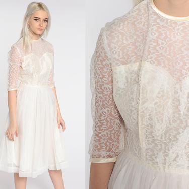 Lace Party Dress White Lace Prom Gown 50s Tea Length Midi Chiffon Formal Cocktail Sheer Illusion Neckline 60s Mad Men Vintage 1950s small 
