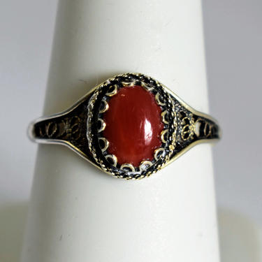 60's Renaissance style 800 gilded silver filigree coral size 7.75 solitaire, lovely Italy silver vermeil oval coral cab NOS ring 