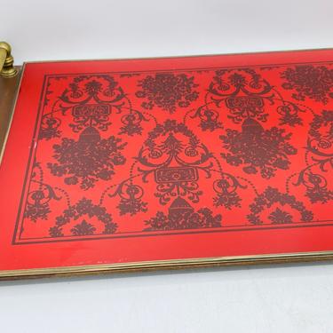 Vintage Glass Brass Handled Dresser Table Tray Red and Black- Nordstroms 10 3/4&quot; X 9.5&quot;  Asian Style 