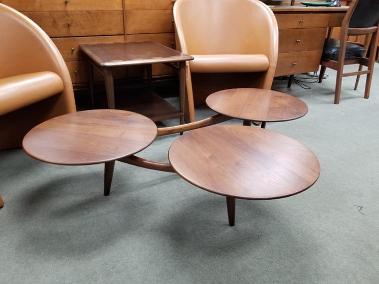 Mid-Century Modern walnut triple circles coffee table