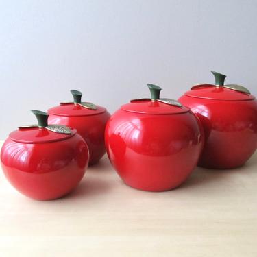 midcentury apple canister set of four aluminum - brass leaf lids - near mint condition 