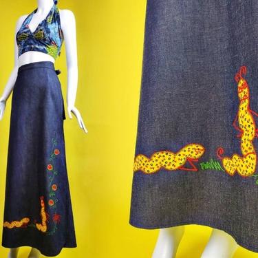 Vintage 70s denim maxi wrap-around skirt with caterpillar patches. (Size M) 