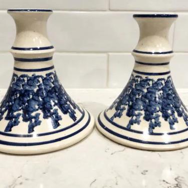 One Pair of Vintage Candlesticks Hand Painted White & Blue Porcelain Candle Holders by LeChalet
