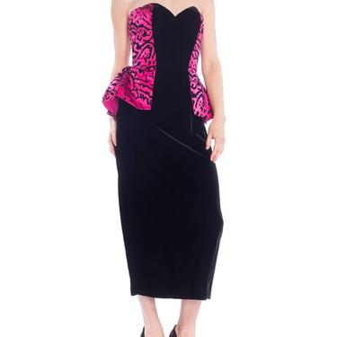 1980S Vicky Tiel Hot Pink  Black Silk Satin Velvet Strapless Peplum Skirt Cocktail Dress by SHOPMORPHEW