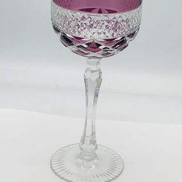 Vintage Purple Etched Hock Wine Glass Goblets Bohemian - Cut to Clear- Diamond Pattern Great Condition 