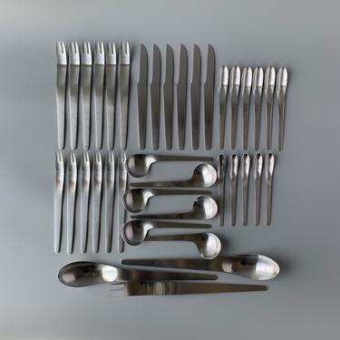 Mid Century Modern 38-Piece Arne Jacobsen Stainless Steel &amp;quot;AJ&amp;quot; Flatware Set, marked A Michelsen 