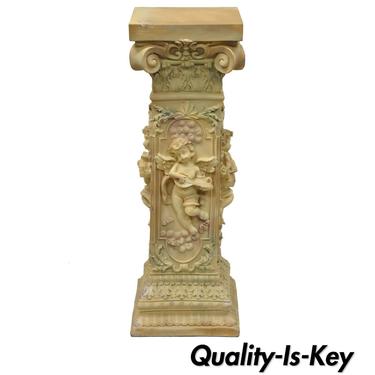 Greek Style Plaster Corinthian Column &amp; Musical Cherub 33" Pedestal Plant Stand