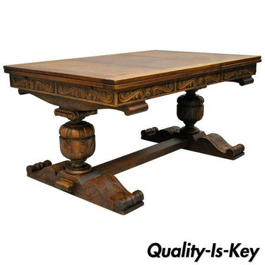 Carved Oak Wood Renaissance Revival Refectory Extension Trestle Dining Table